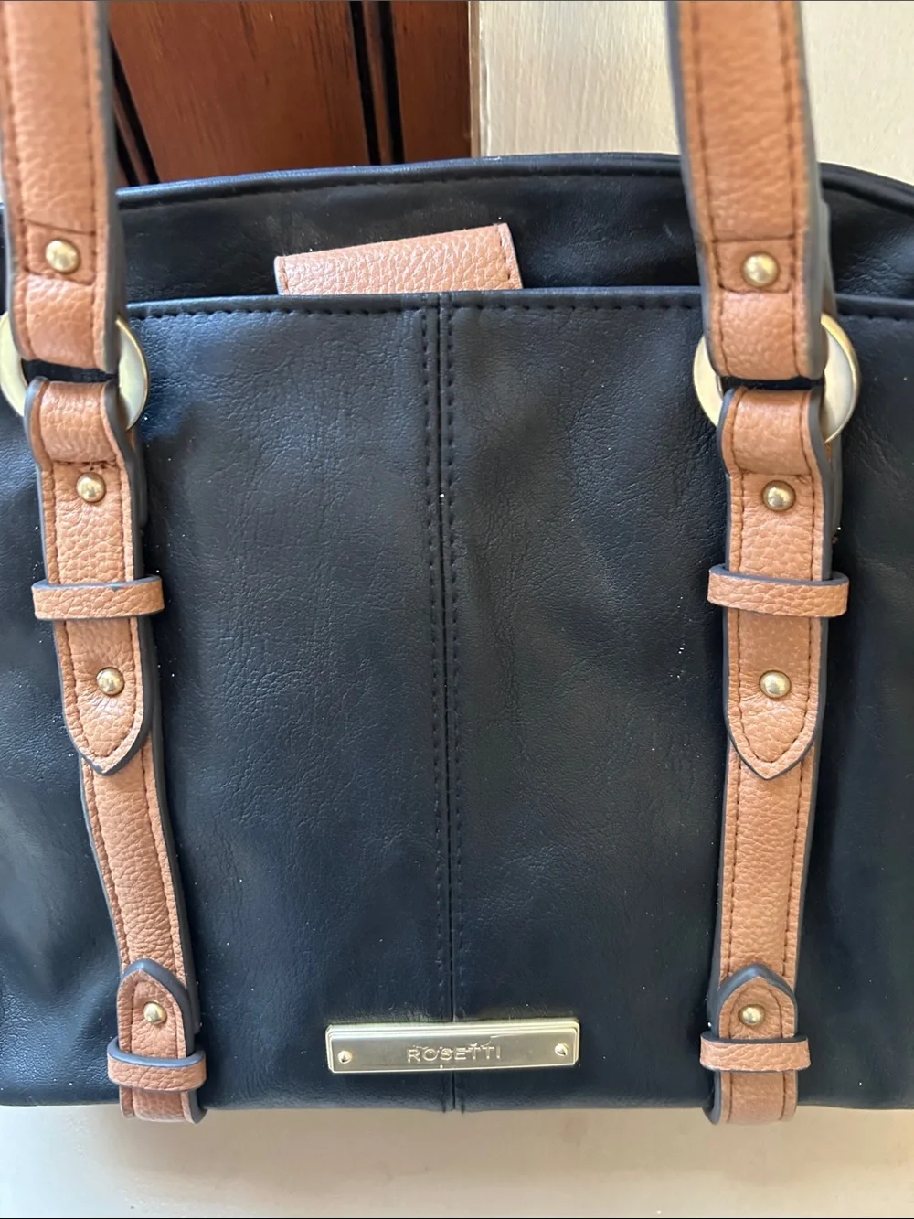 Rosetti Black Satchel and crossbody strap Tan Accents Roomy interior  EUC